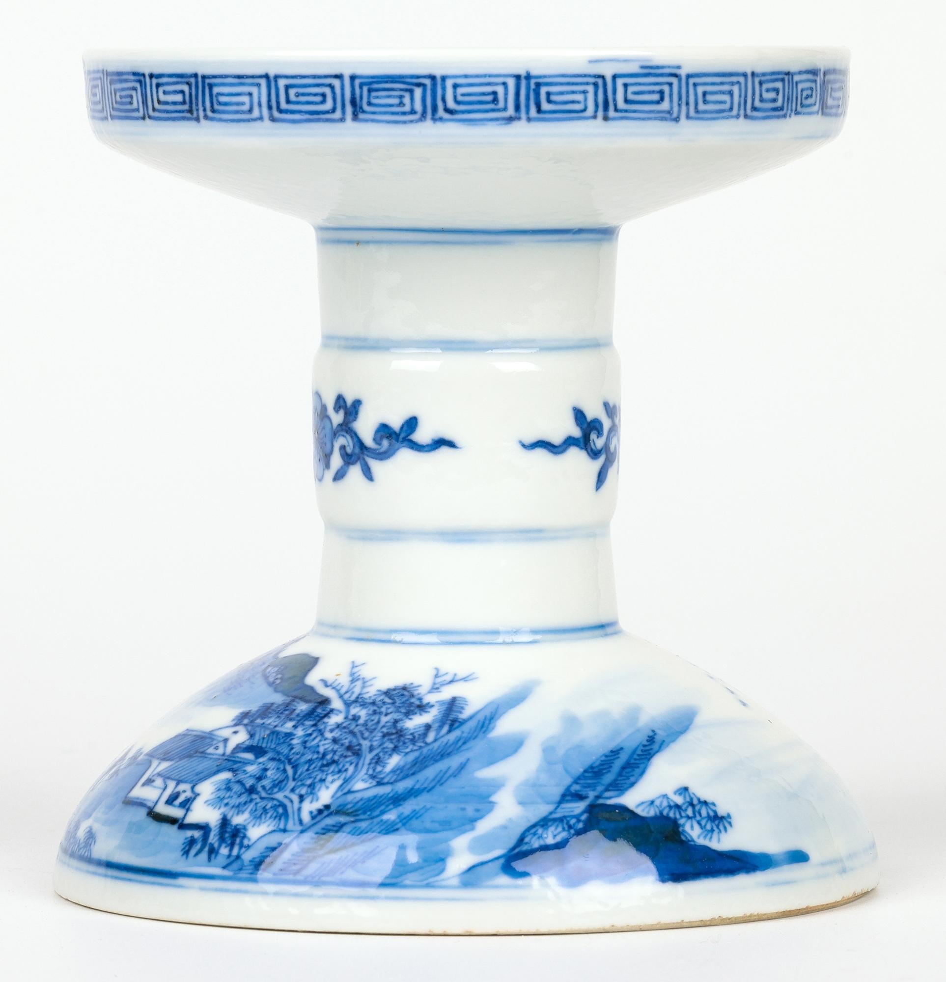 Chinese Qing Porcelain Blue & White Landscape Altar Candle Holder For Sale 1