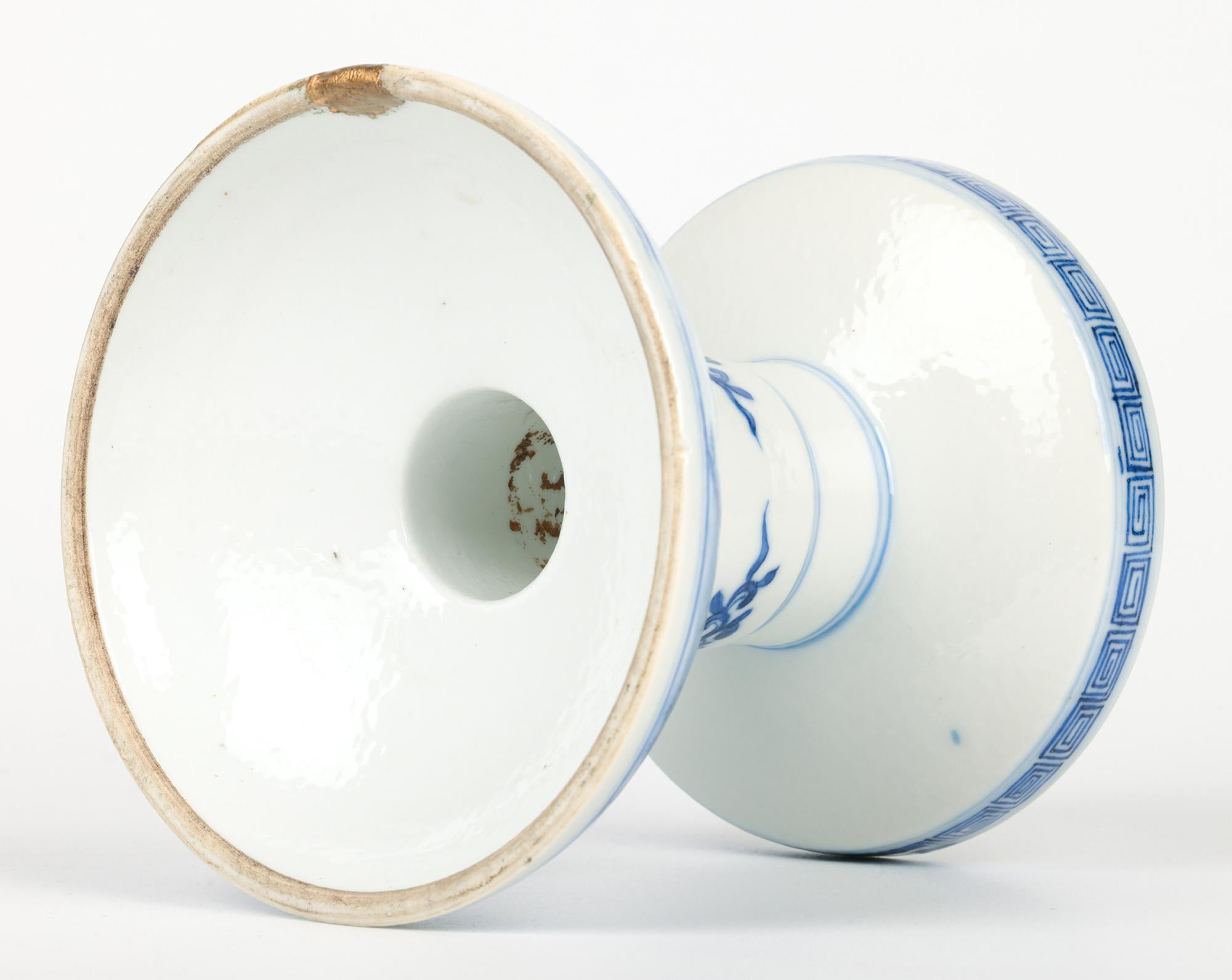 Chinese Qing Porcelain Blue & White Landscape Altar Candle Holder For Sale 2
