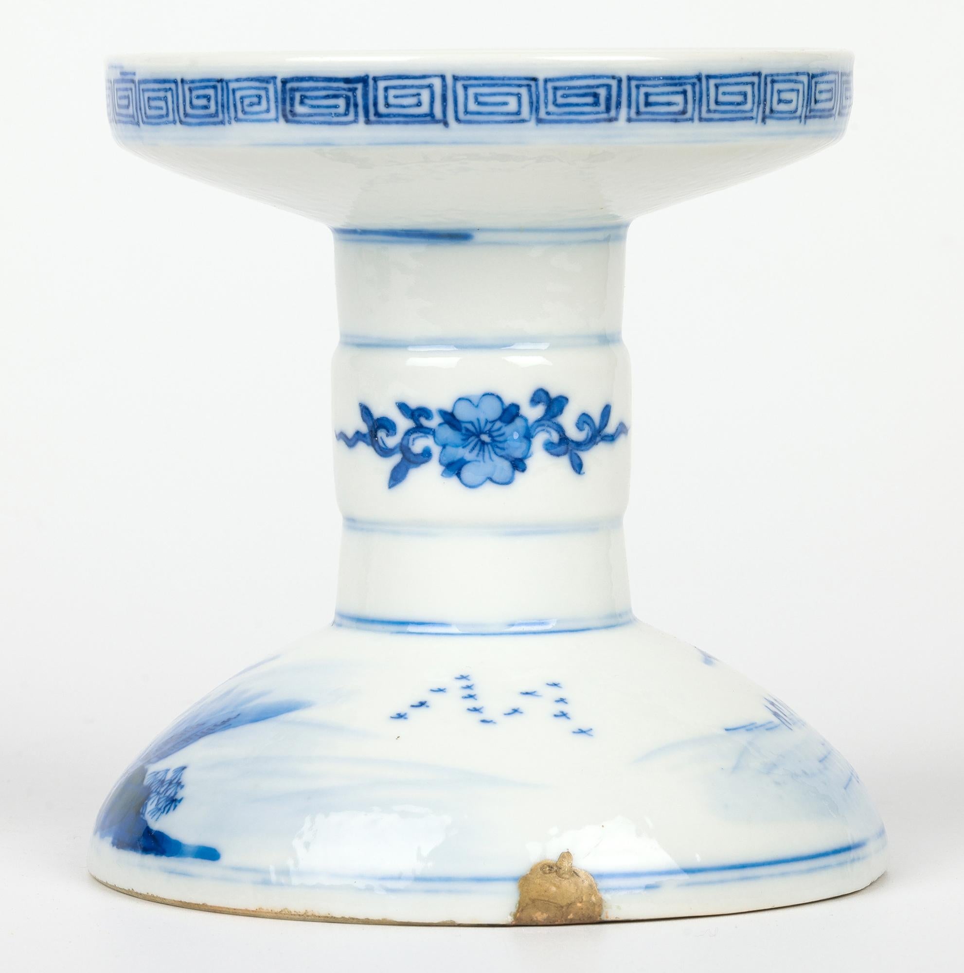 Chinese Qing Porcelain Blue & White Landscape Altar Candle Holder For Sale 3
