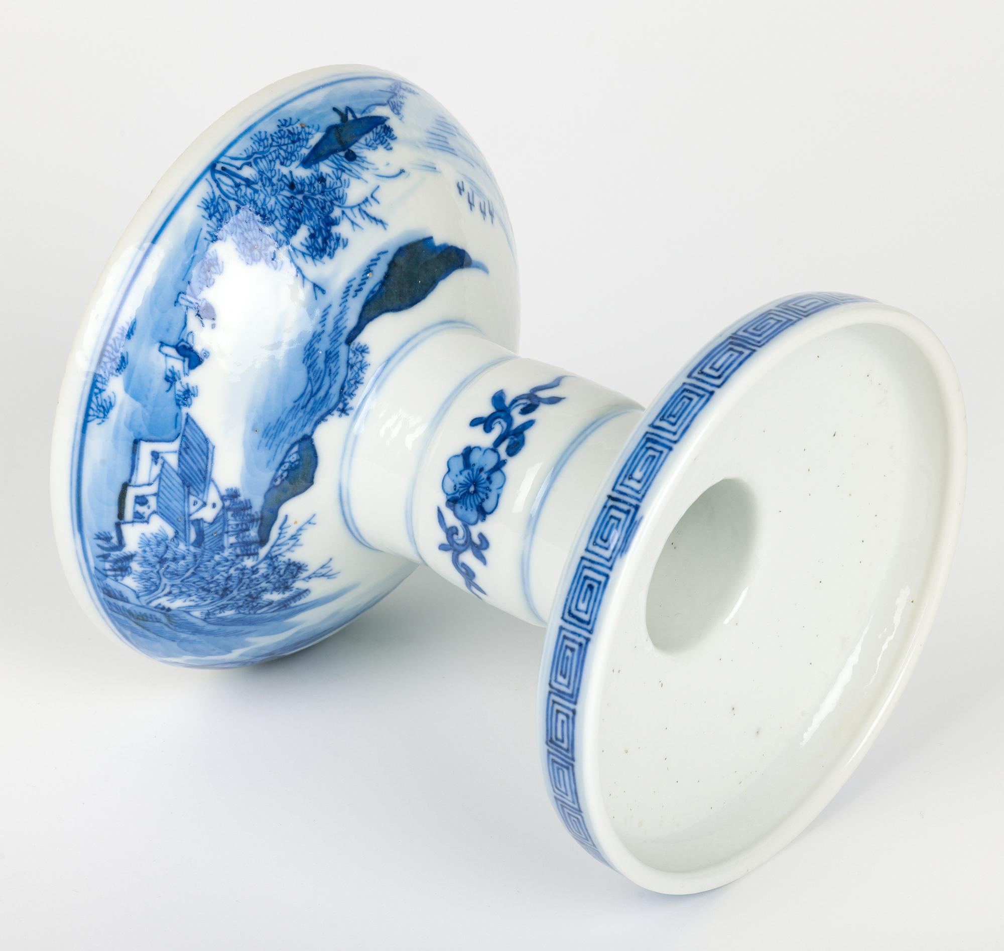 Chinese Qing Porcelain Blue & White Landscape Altar Candle Holder For Sale 4
