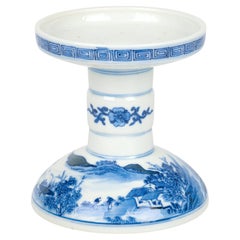 Chinese Qing Porcelain Blue & White Landscape Altar Candle Holder