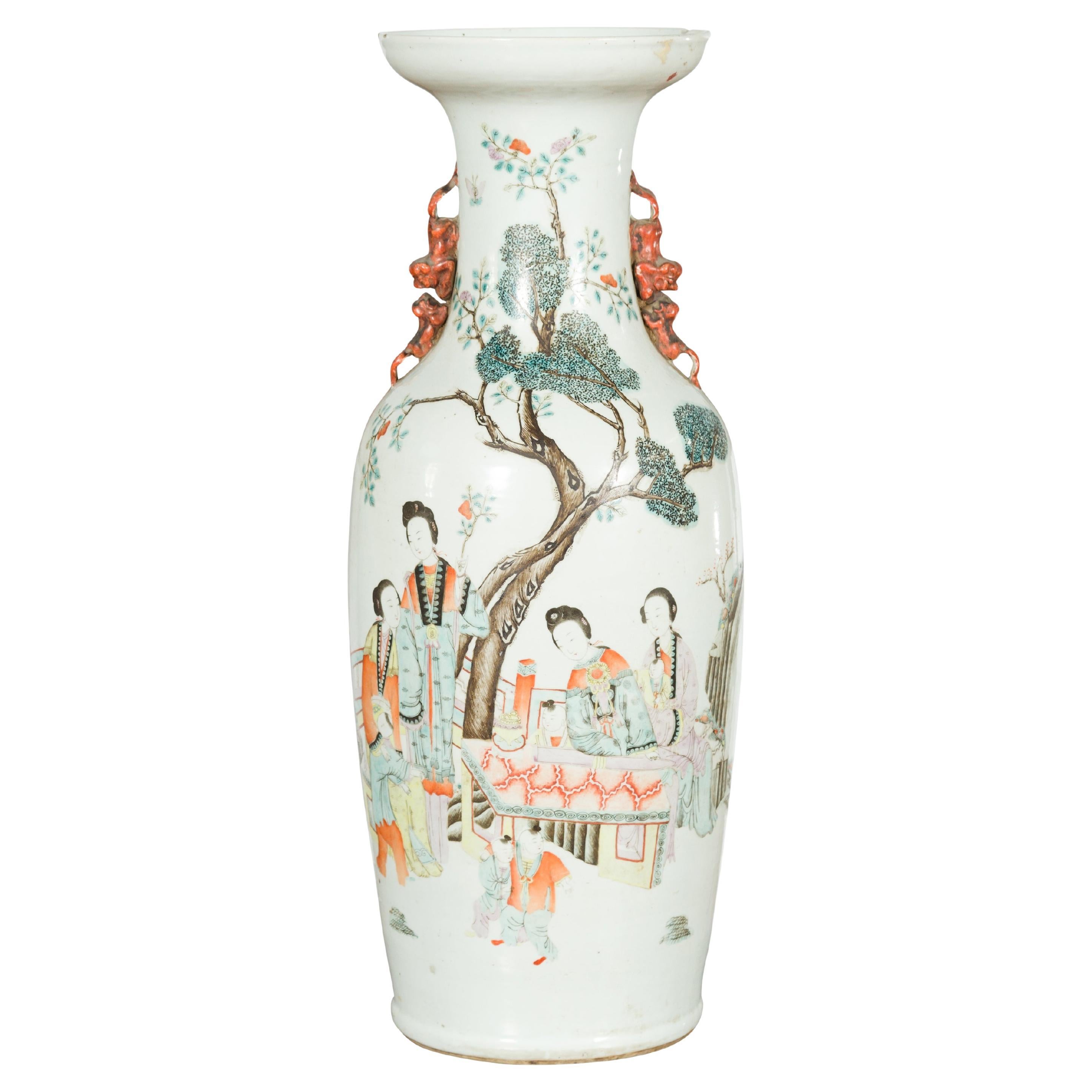 Chinese Qing Porcelain Vase with Hand-Painted Figures and Calligraphy Motifs For Sale