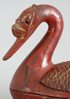 Chinese Qing Red Lacquered Duck Shaped Wooden Box