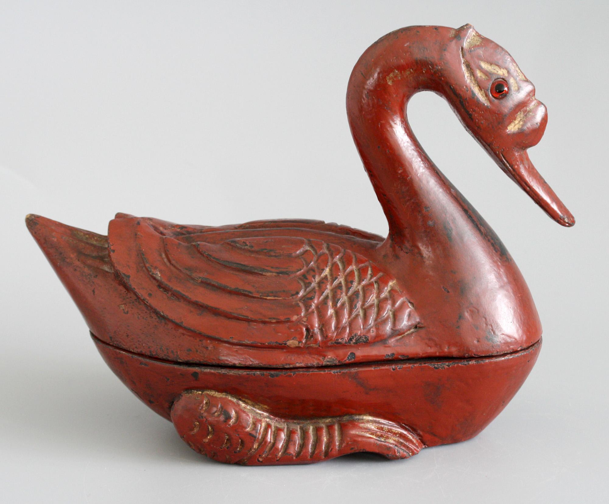 19th Century Chinese Qing Red Lacquered Duck Shaped Wooden Box