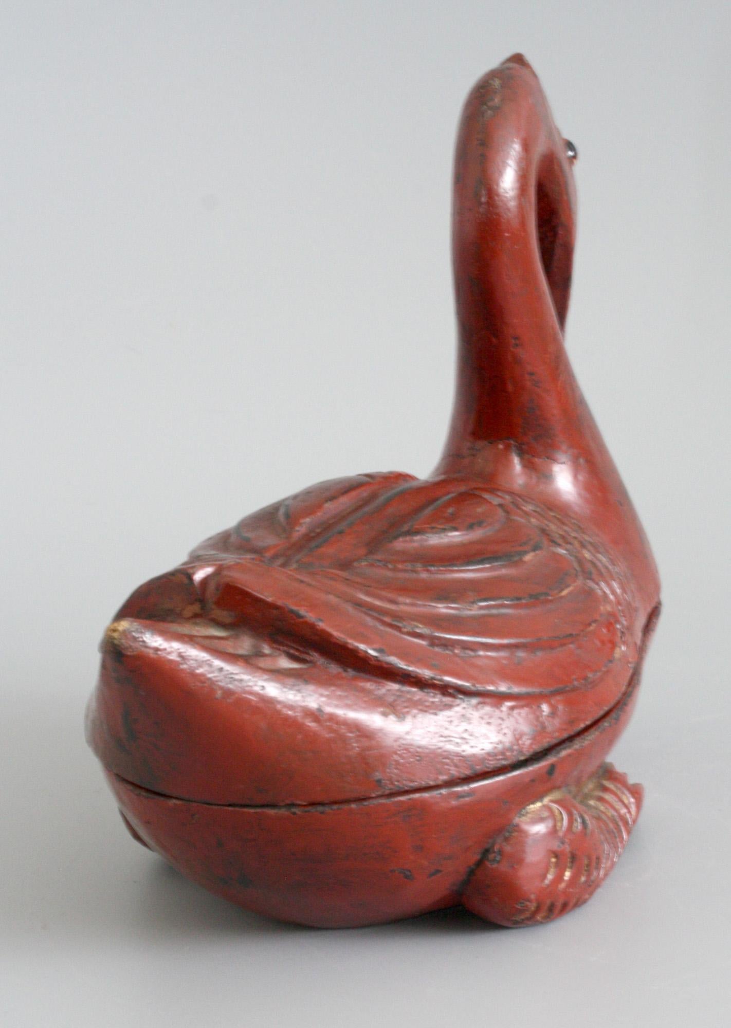 Chinese Qing Red Lacquered Duck Shaped Wooden Box 2