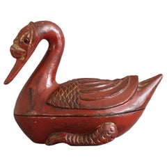 Chinese Qing Red Lacquered Duck Shaped Wooden Box