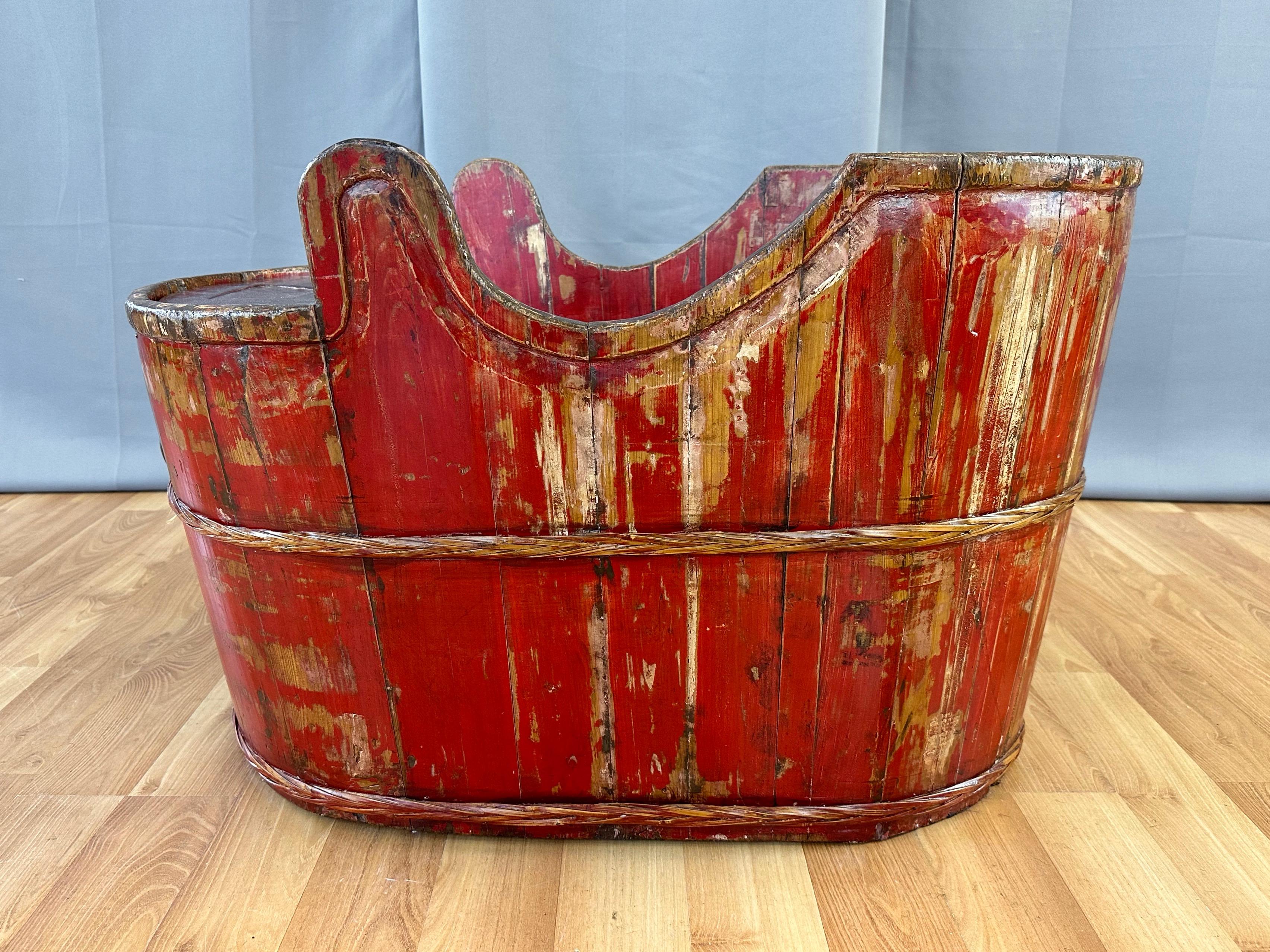 Metal Chinese Qing Red Lacquered Wood Child's Convertible Bathtub and Seat, circa 1900 For Sale
