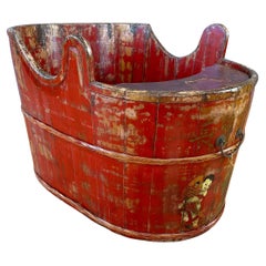 Used Chinese Qing Red Lacquered Wood Child's Convertible Bathtub and Seat, circa 1900