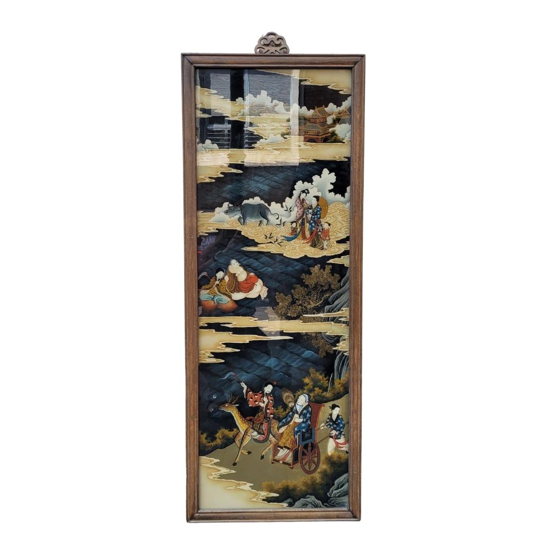 Stunning reverse-painted mirror from the 19th-century Qing Dynasty, depicting different scenes in a vertical narrative.
Different scenes with symbolic and auspicious elements frame royal figures and their servants, all dressed in colorful