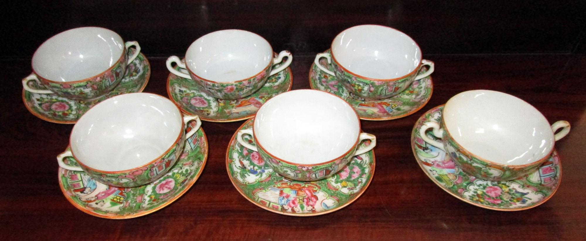 Chinese Qing Rose Medallion Porcelain Lidded Soup Rice Bowls with Saucers Set 6