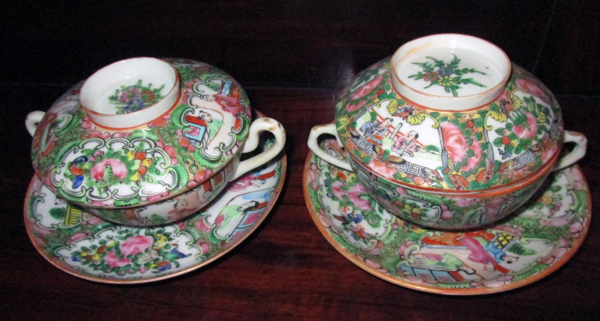 Set of six (eighteen pieces in all) Chinese Qing rose medallion porcelain soup bowls with two handles and lids that double as rice bowls. Matching saucers. Features include traditional medallion design with figures in village scene, floral and bird