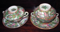 Chinesisch Qing Rose Medaillon Porzellan Deckel Suppe Reisschüsseln mit Untertassen Set