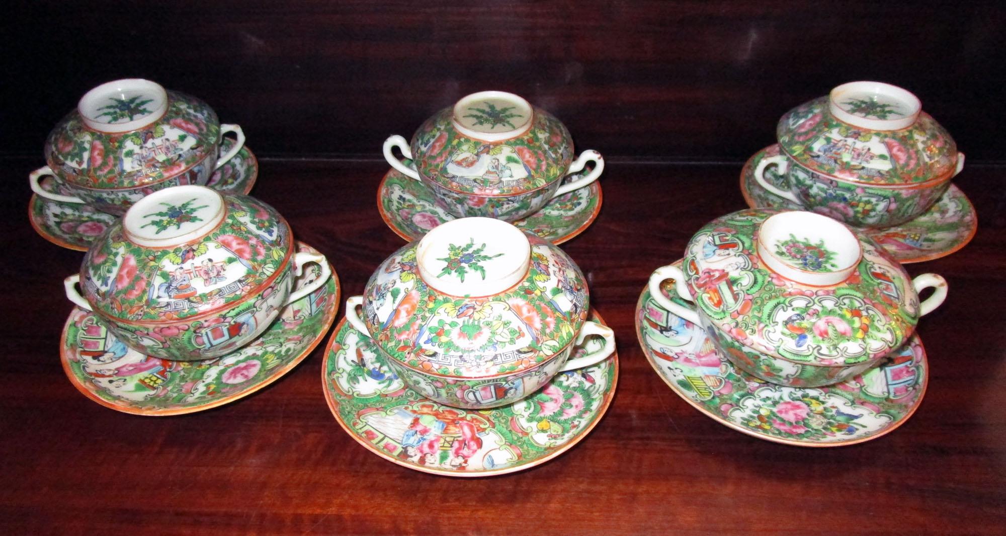 19th Century Chinese Qing Rose Medallion Porcelain Lidded Soup Rice Bowls with Saucers Set