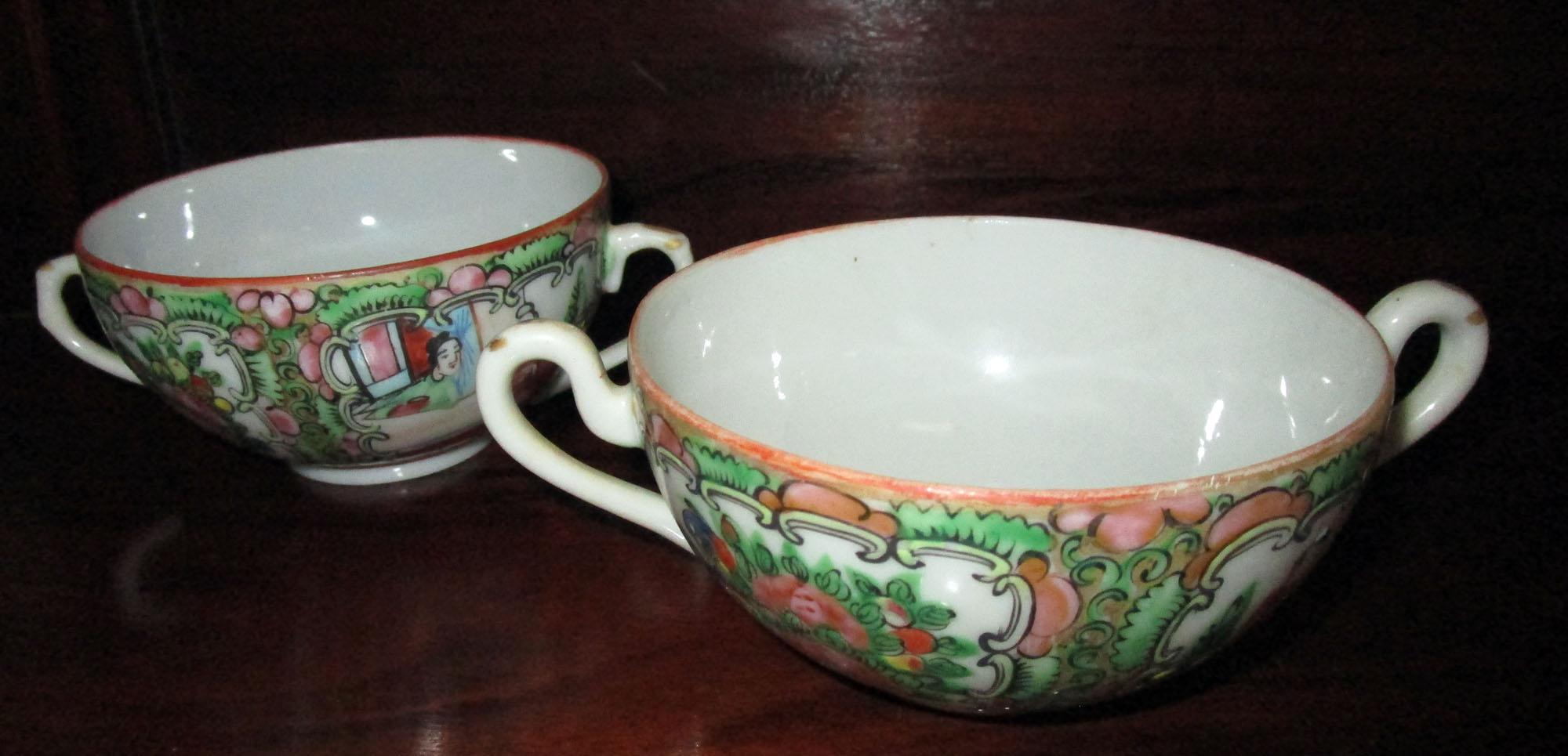 Chinese Qing Rose Medallion Porcelain Lidded Soup Rice Bowls with Saucers Set 3