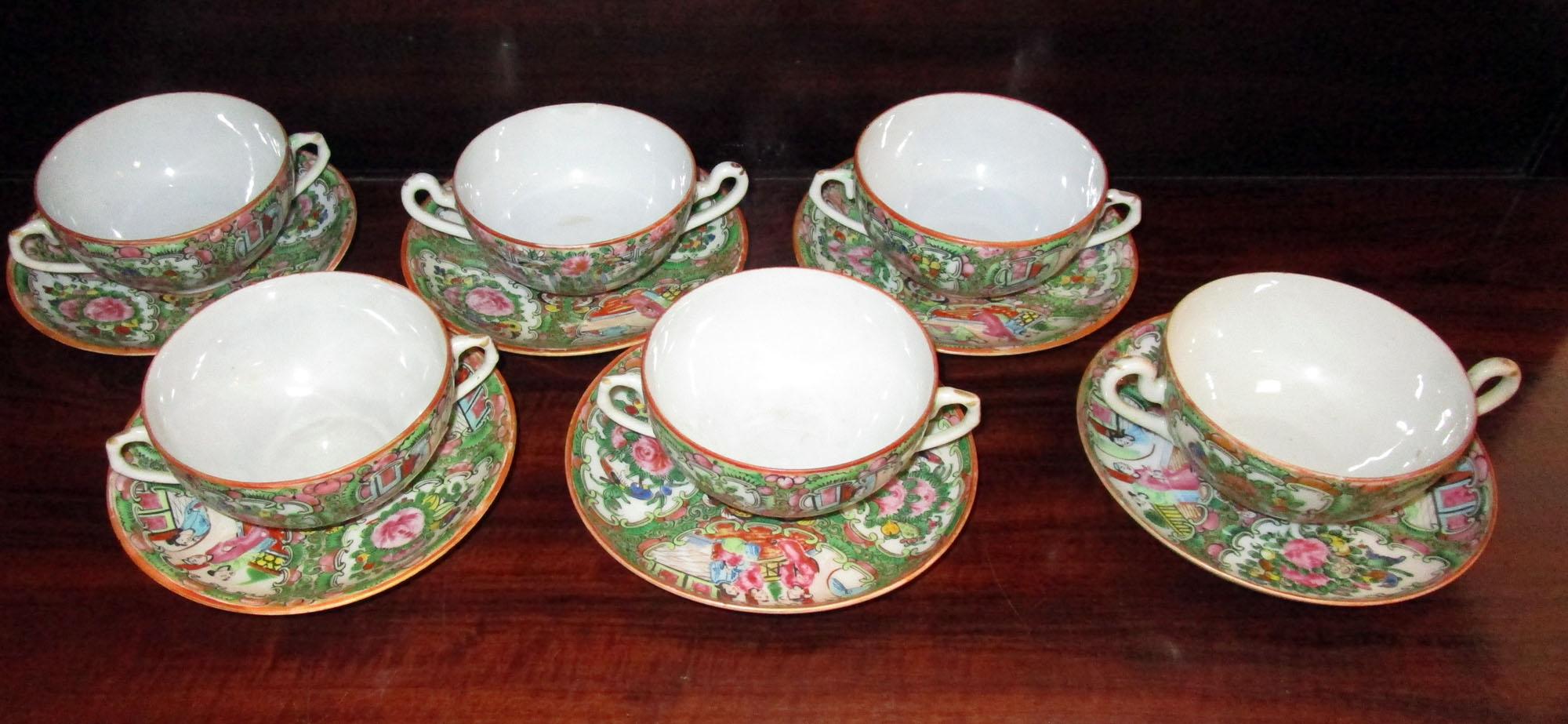 Chinese Qing Rose Medallion Porcelain Lidded Soup Rice Bowls with Saucers Set 5