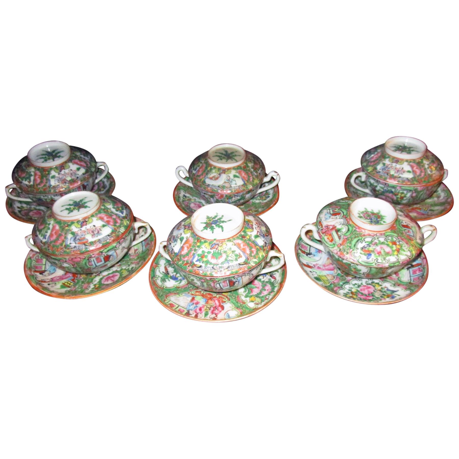 Chinese Qing Rose Medallion Porcelain Lidded Soup Rice Bowls with Saucers Set