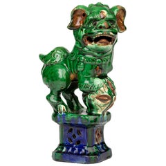 Antique Chinese Qing Sancai Glazed Pottery Dog of Foo Incense Holder