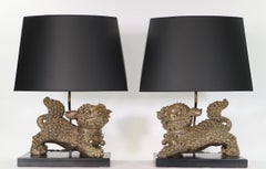 Chinese Qing Silver Plated Bronze Foo Dog Table Lamps