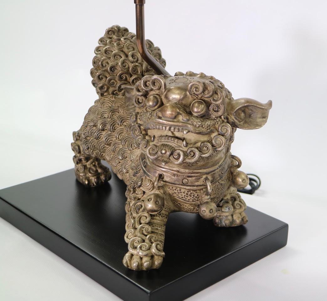20th Century Chinese Qing Silver Plated Bronze Foo Dog Table Lamps