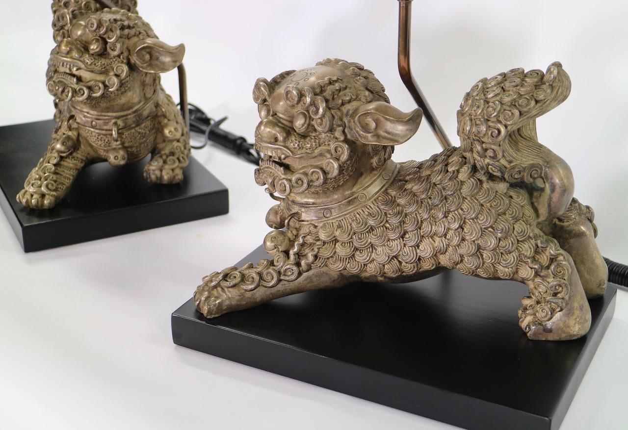 Chinese Qing Silver Plated Bronze Foo Dog Table Lamps 3