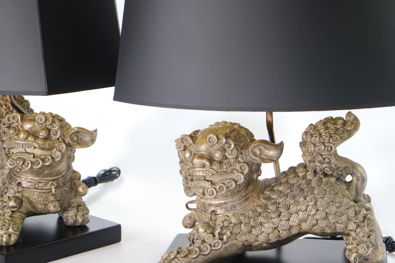 Chinese Qing Silver Plated Bronze Foo Dog Table Lamps 4