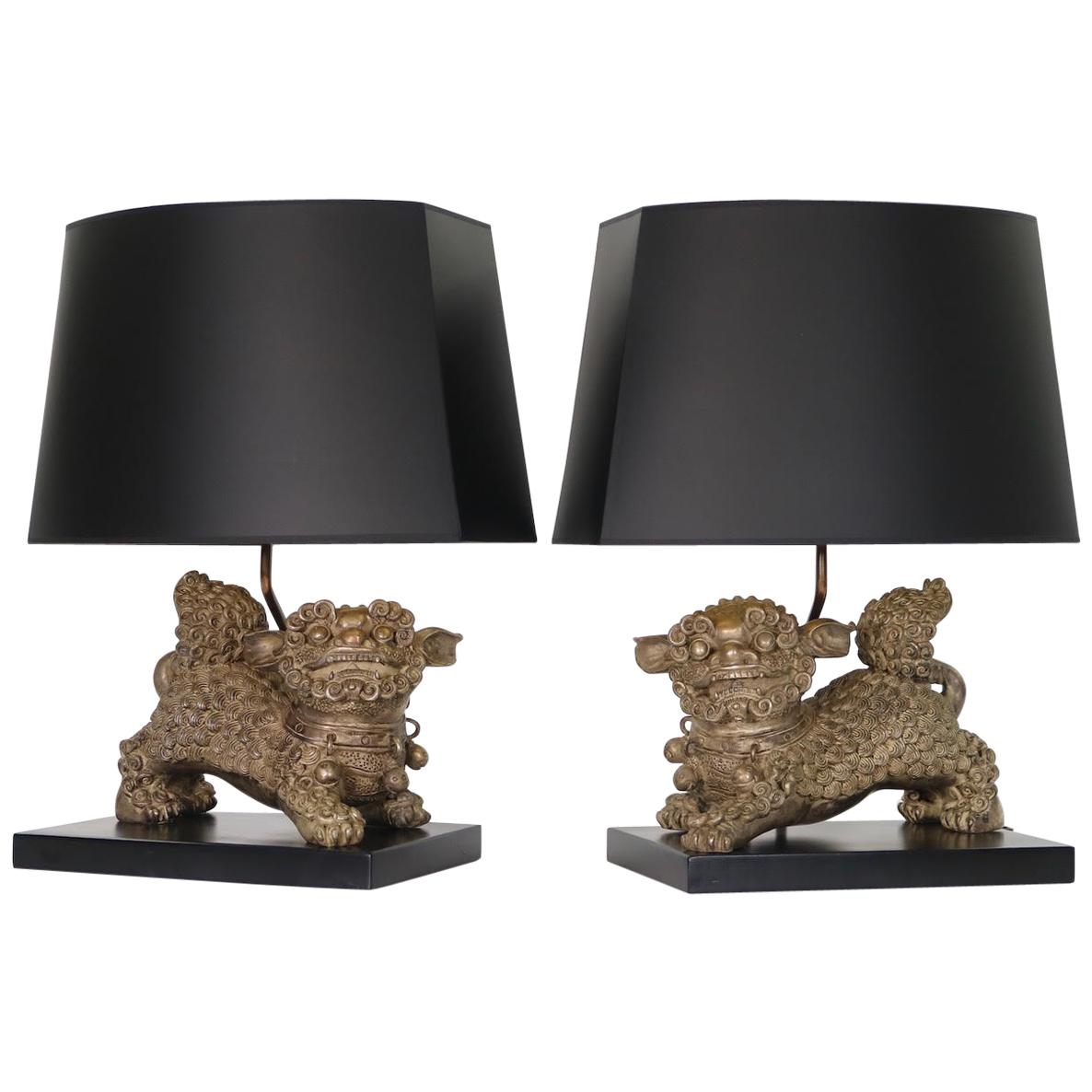 Chinese Qing Silver Plated Bronze Foo Dog Table Lamps