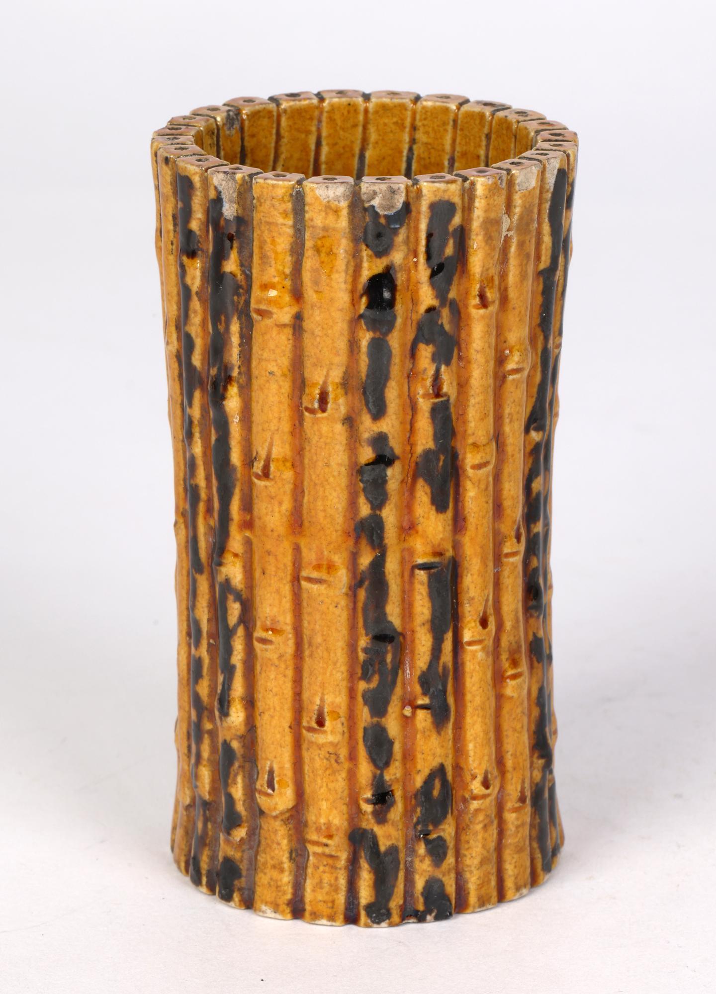 Chinese Qing Simulated Bamboo Brown Glazed Pottery Brush Pot For Sale 8