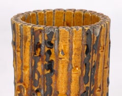 Chinese Qing Simulated Bamboo Brown Glazed Pottery Brush Pot