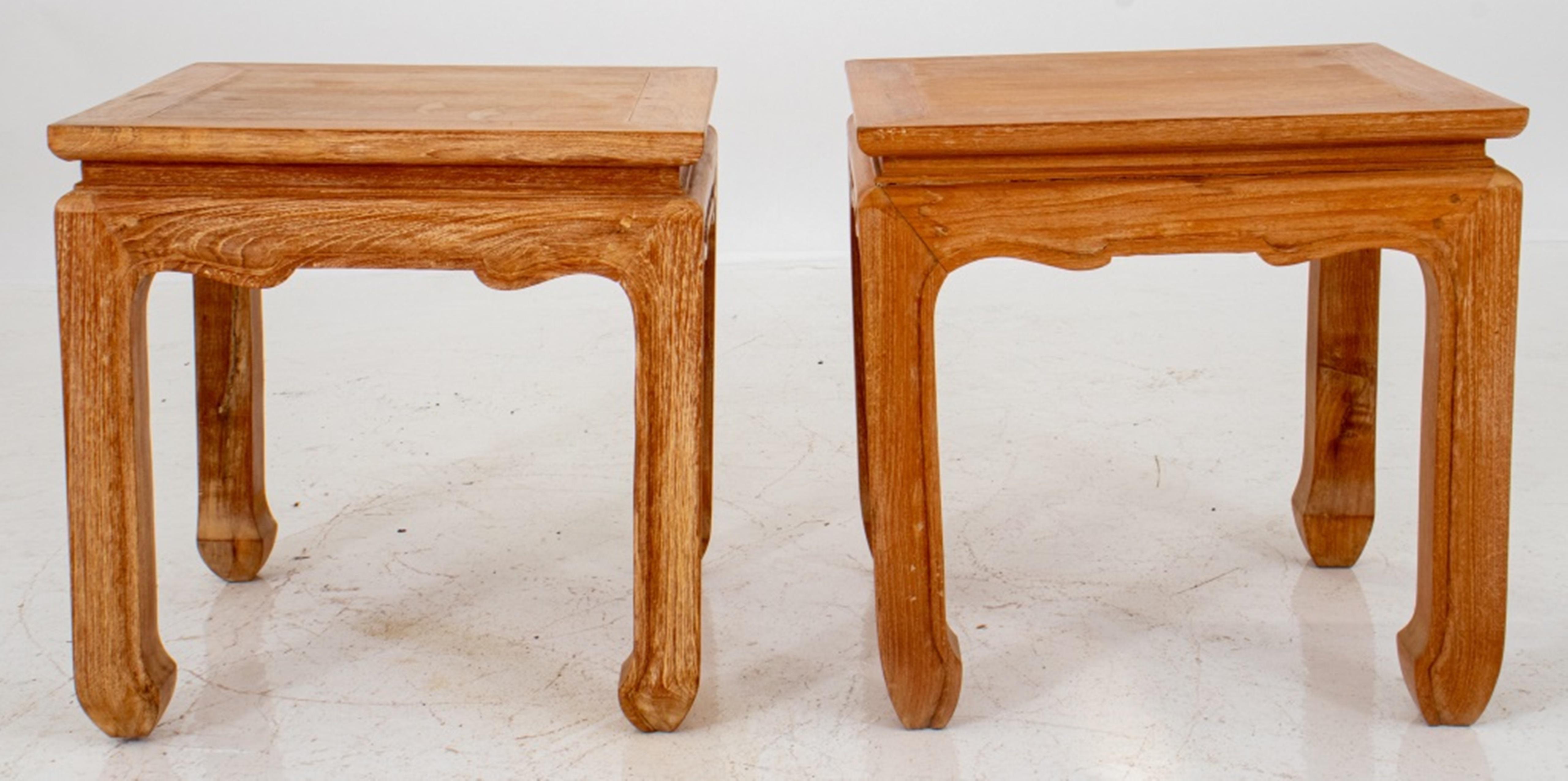 Chinese Qing style Cypress wood occasional tables, a pair (2), square, each in the manner of Qing period waisted corner-leg stools in the Changfangdeng form. Dimensions: 20