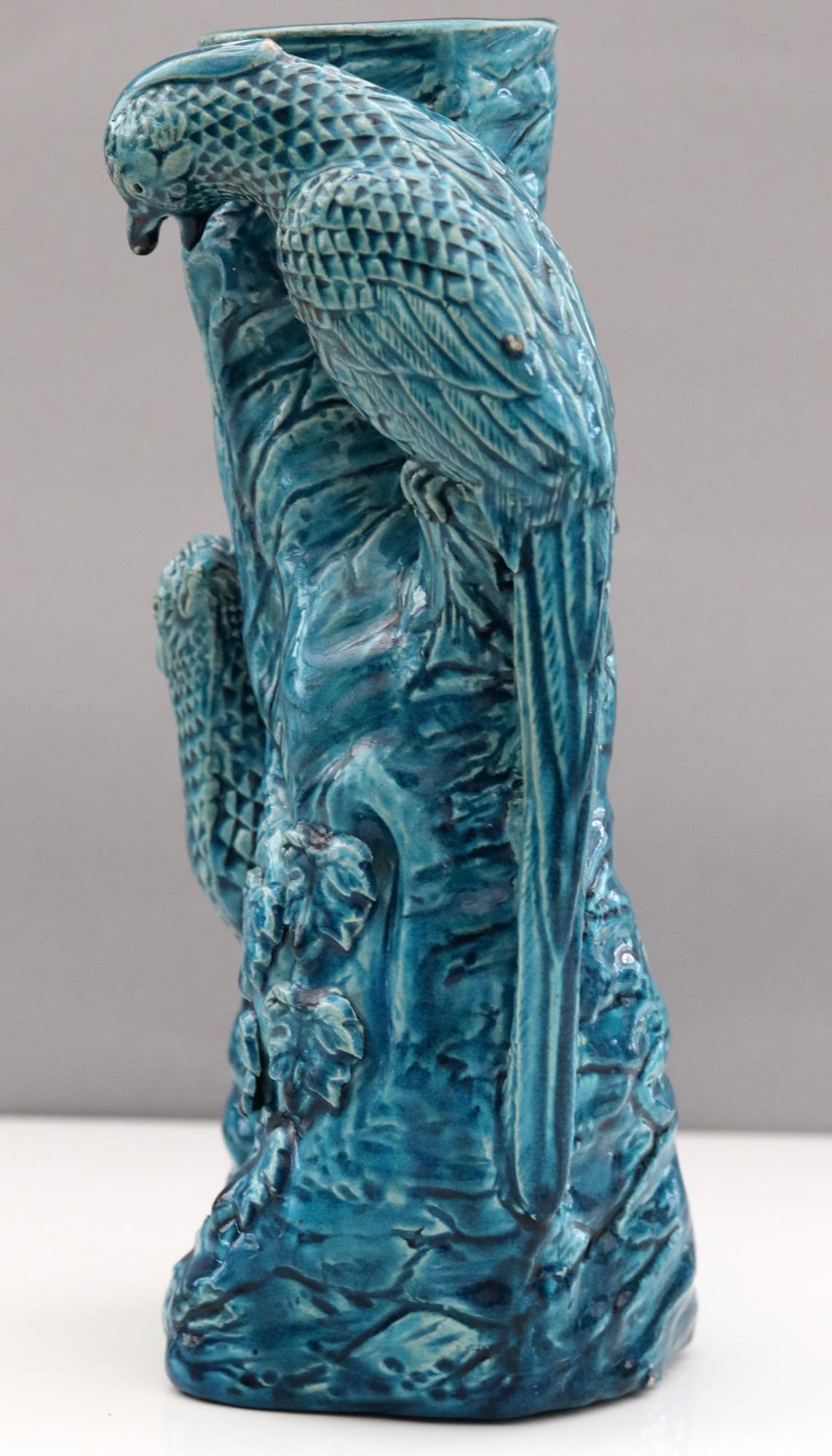 Chinese Qing Turquoise Blue Glazed Tree Trunk Vase with Courting Birds 3