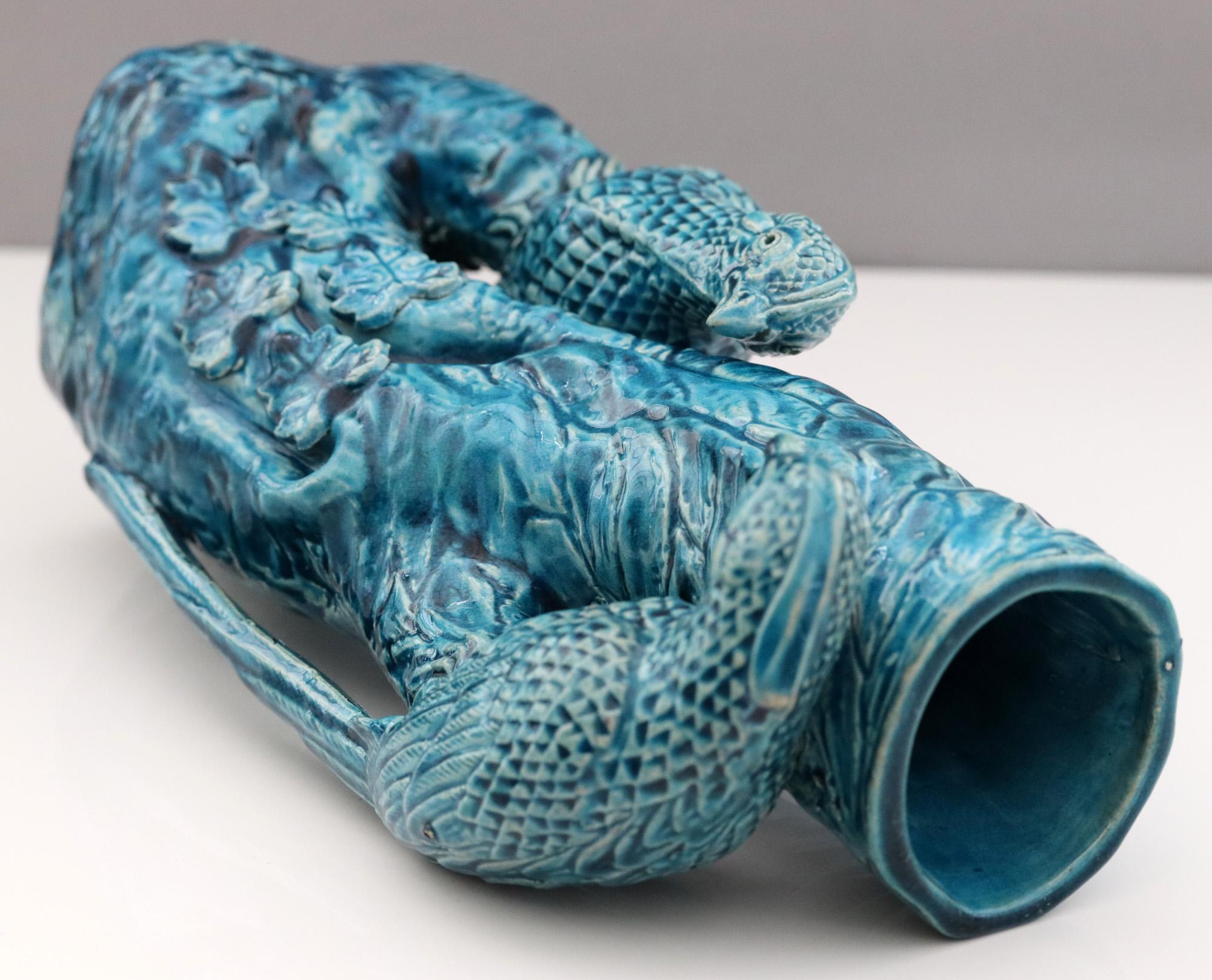 Chinese Qing Turquoise Blue Glazed Tree Trunk Vase with Courting Birds 4