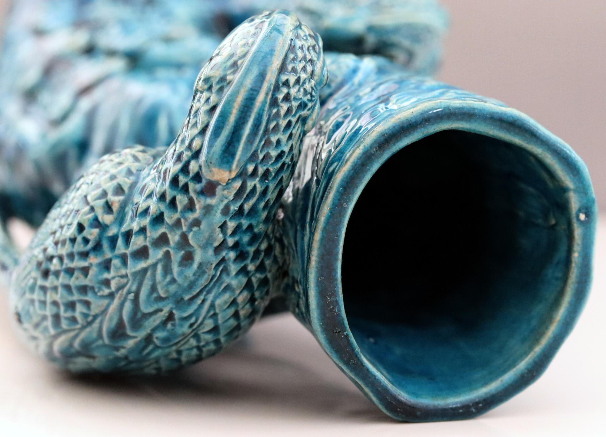 Chinese Qing Turquoise Blue Glazed Tree Trunk Vase with Courting Birds 5