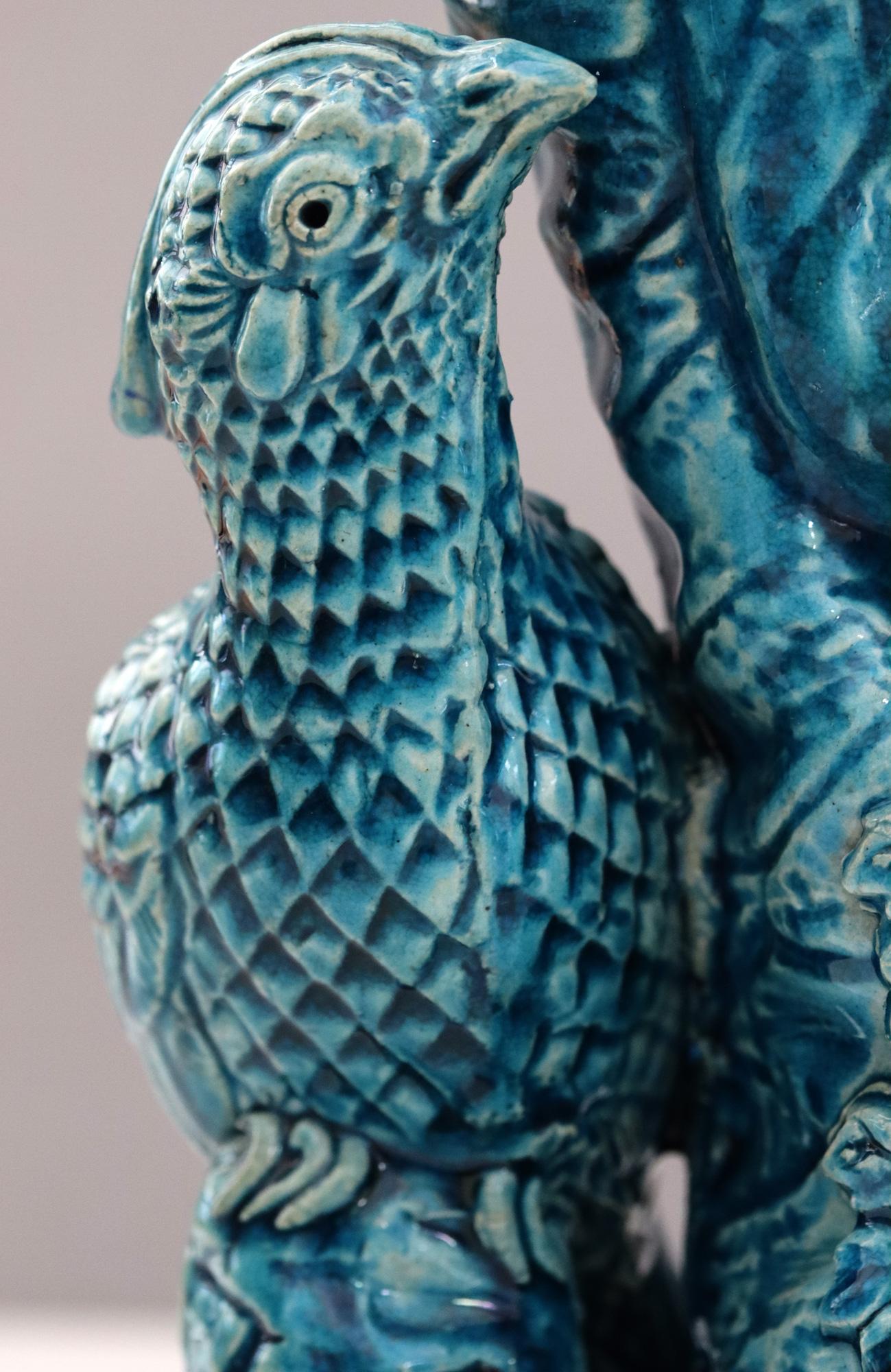 Chinese Qing Turquoise Blue Glazed Tree Trunk Vase with Courting Birds In Good Condition In Bishop's Stortford, Hertfordshire