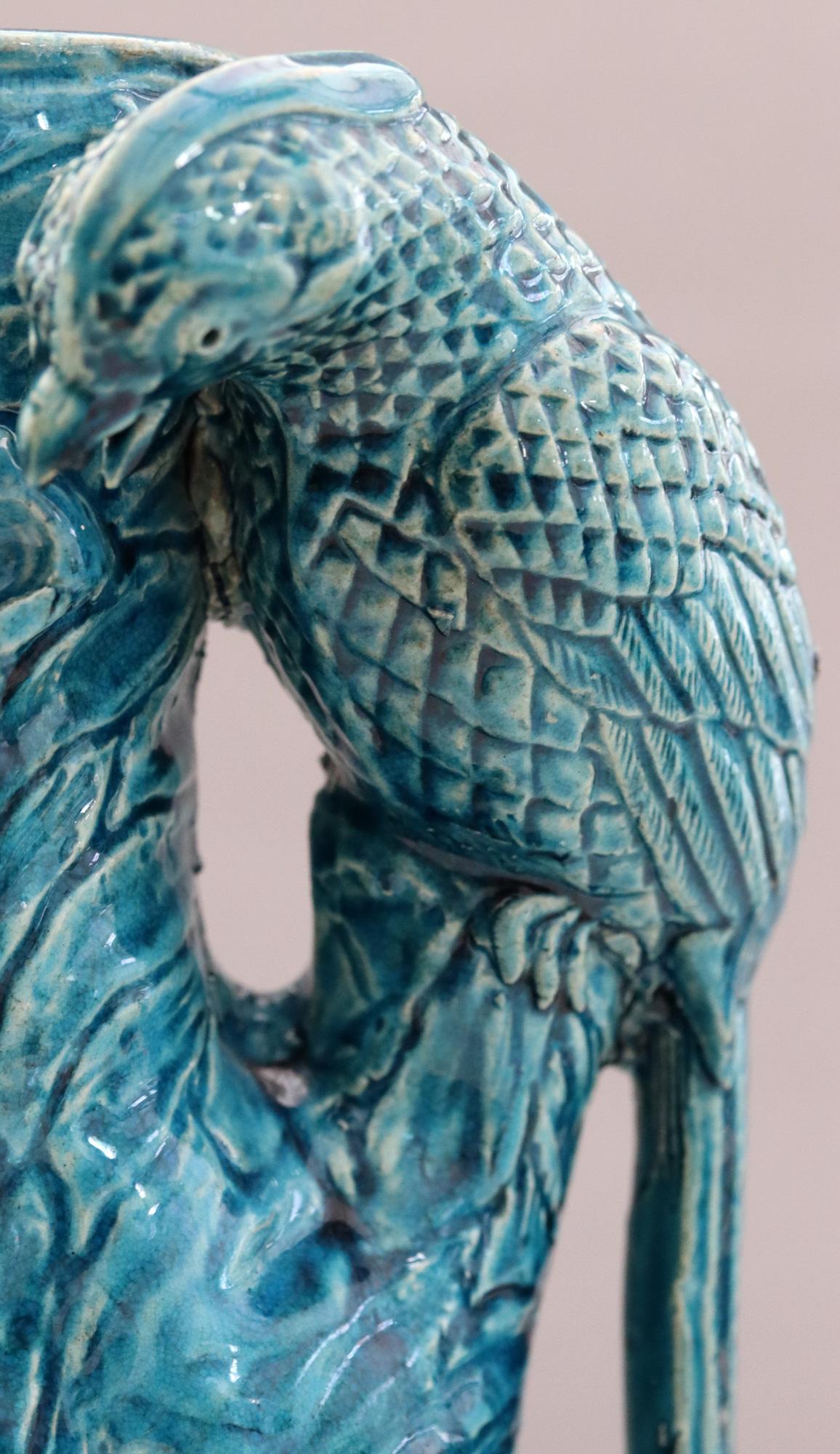 19th Century Chinese Qing Turquoise Blue Glazed Tree Trunk Vase with Courting Birds