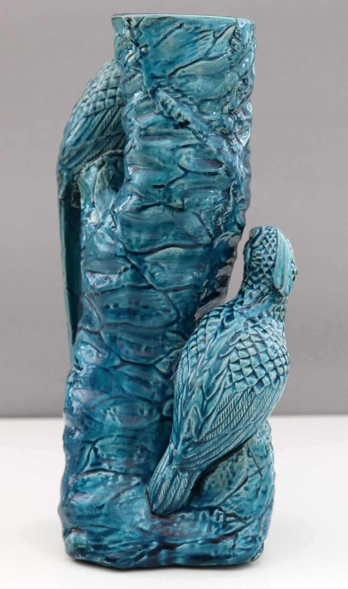 Chinese Qing Turquoise Blue Glazed Tree Trunk Vase with Courting Birds 1
