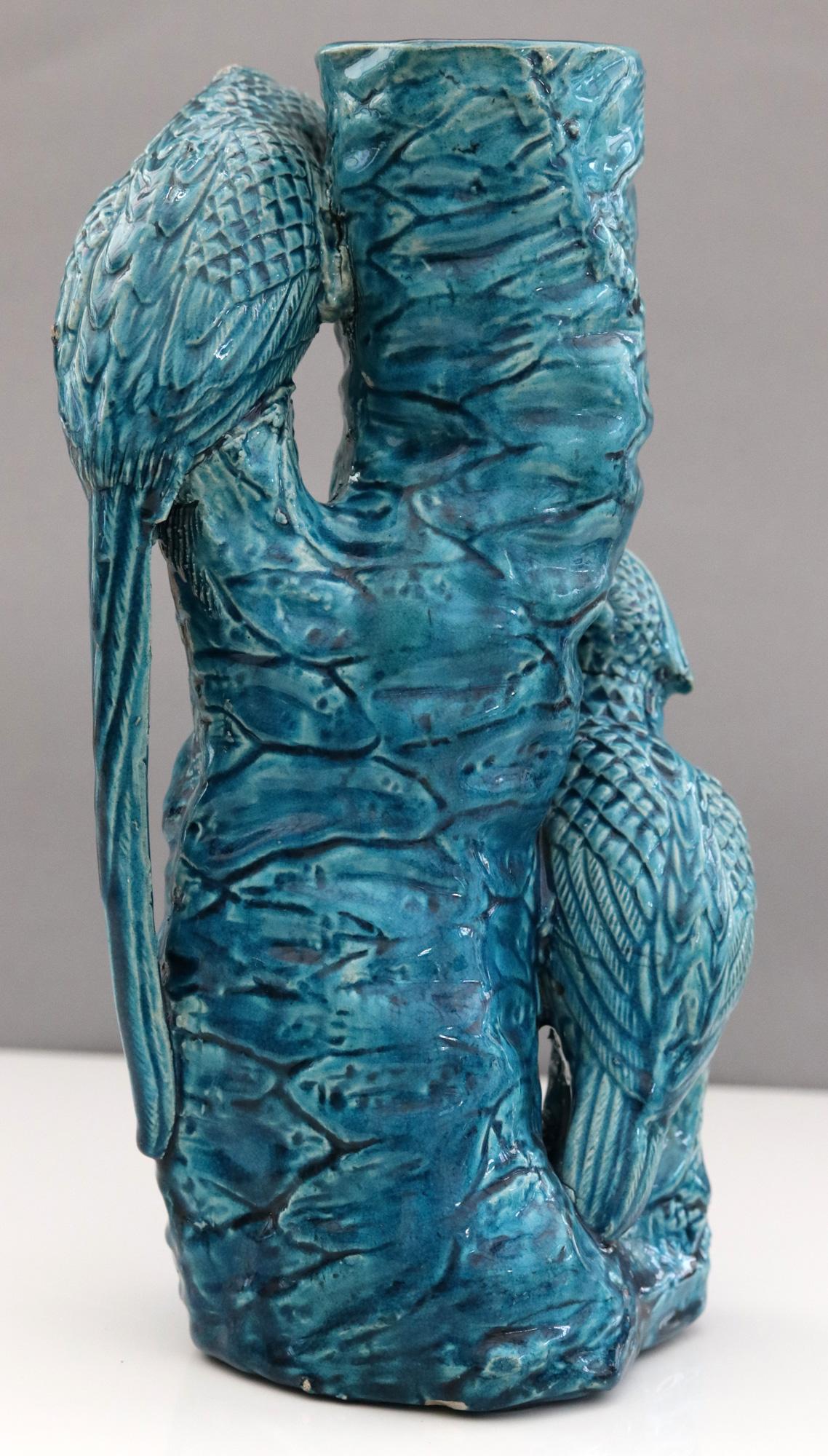 Chinese Qing Turquoise Blue Glazed Tree Trunk Vase with Courting Birds 2