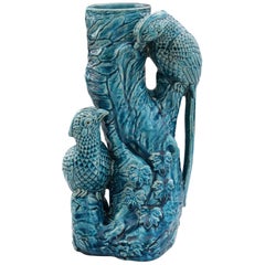 Chinese Qing Turquoise Blue Glazed Tree Trunk Vase with Courting Birds
