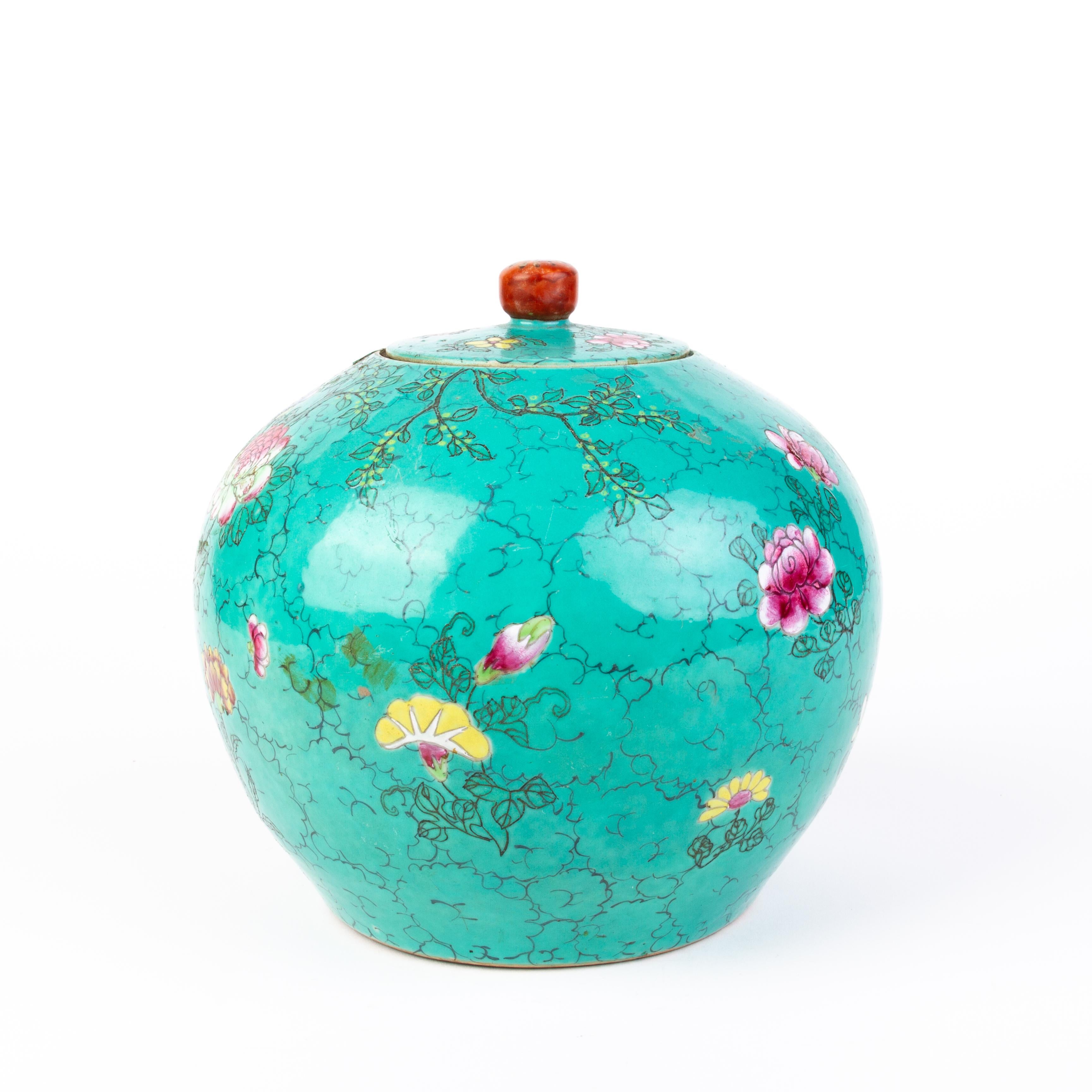 Chinese Qing Turquoise Glazed Famille Rose Porcelain Ginger Jar 19th Century  1