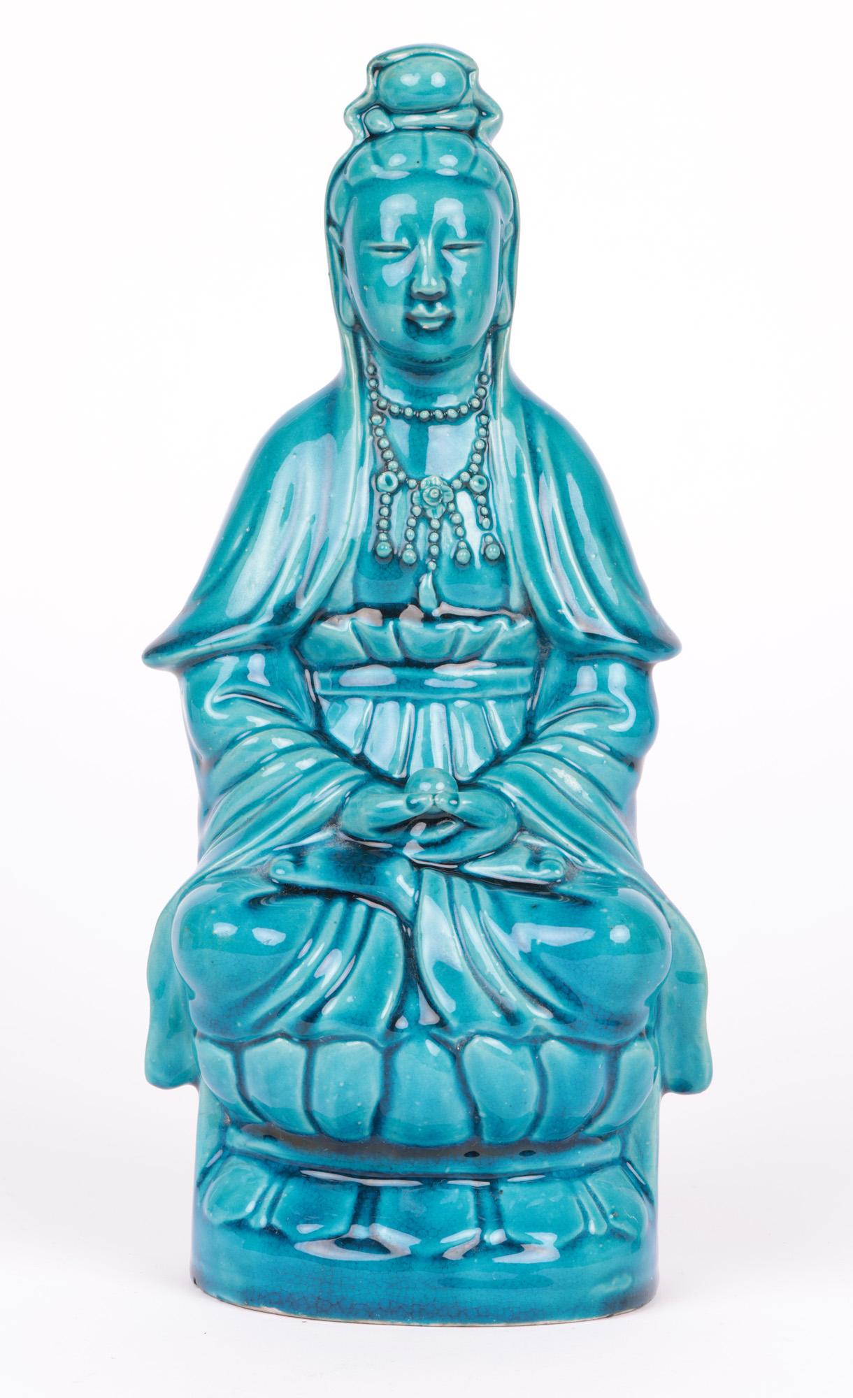 Chinese Qing Turquoise Glazed Porcelain Seated Guanyin Figure For Sale 6