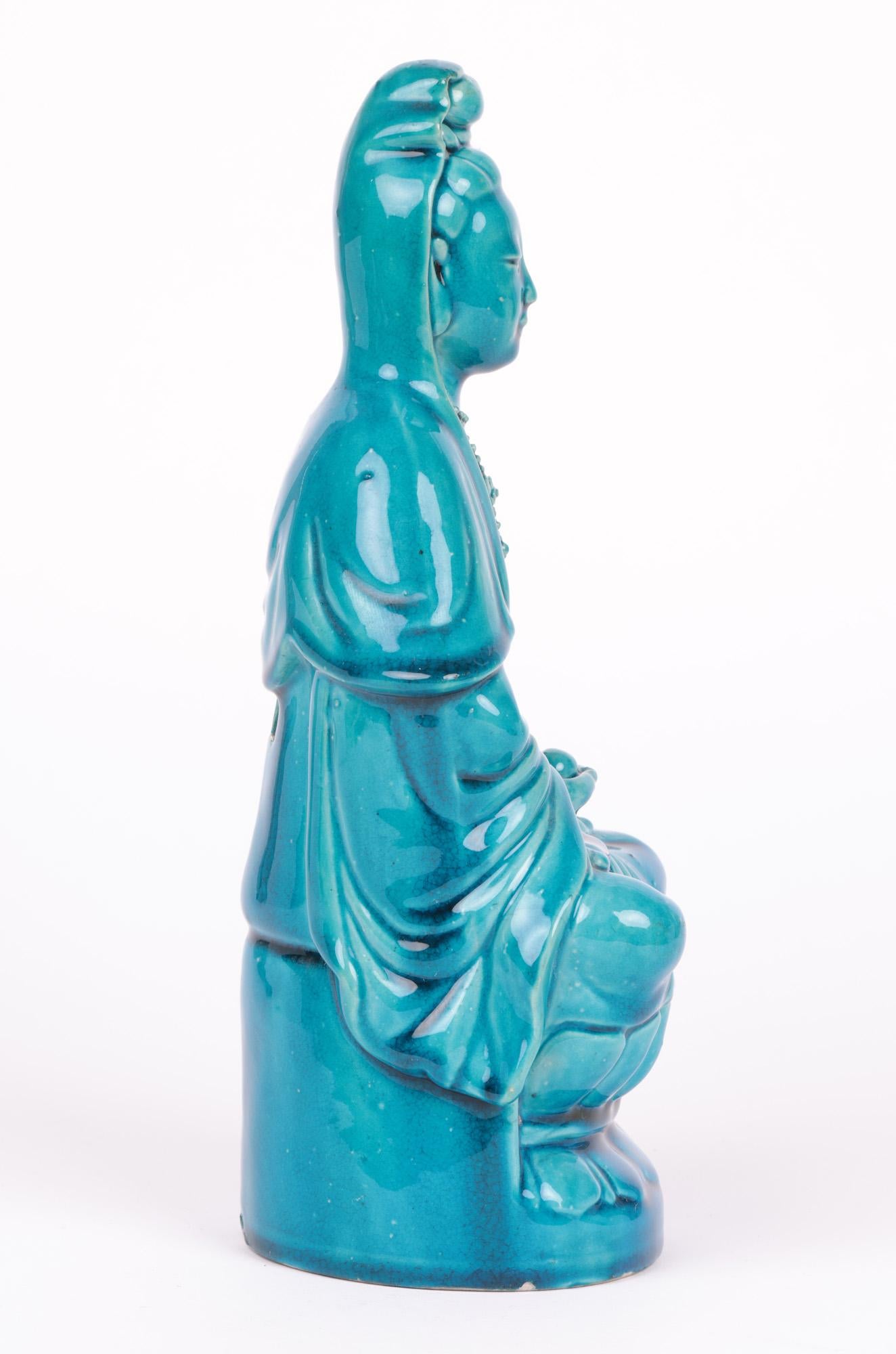Chinese Qing Turquoise Glazed Porcelain Seated Guanyin Figure For Sale 8