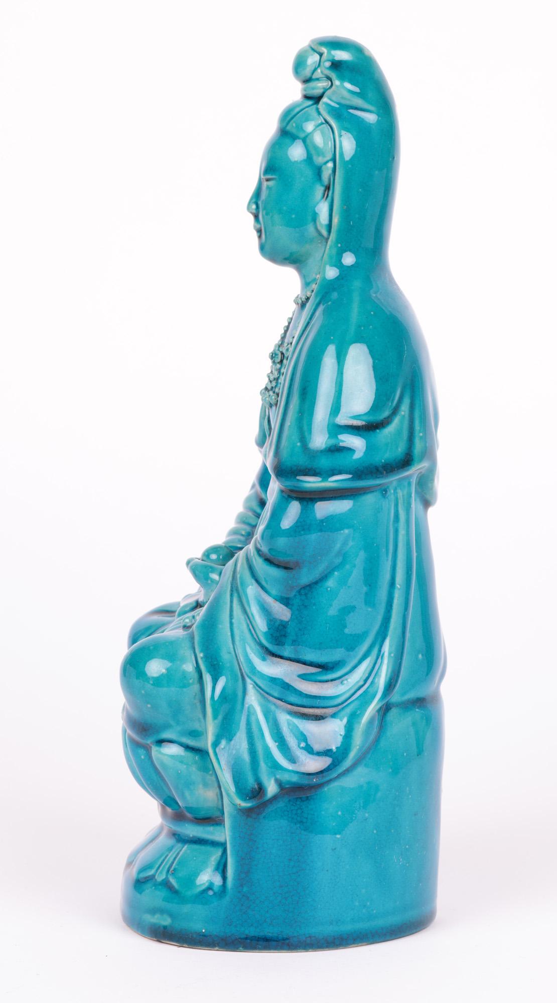 Chinese Qing Turquoise Glazed Porcelain Seated Guanyin Figure For Sale 10