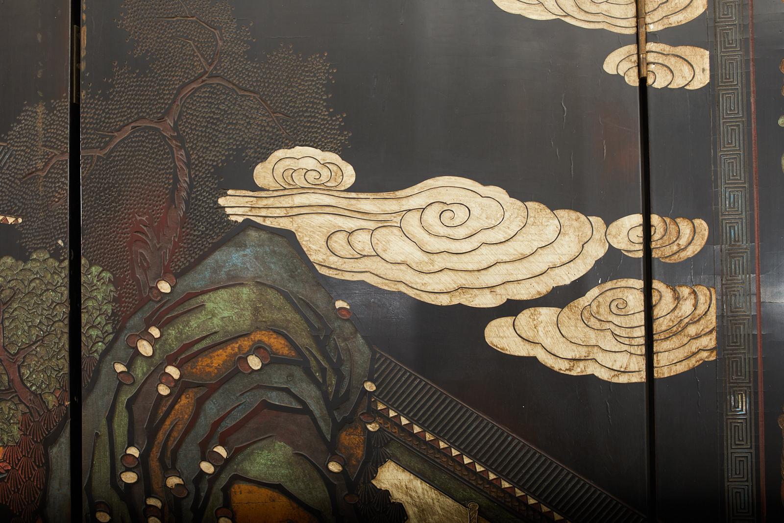 Chinesischer, zwölfteiliger, lackierter Coromandel-Raumteiler, Qing-Dynastie im Angebot 13