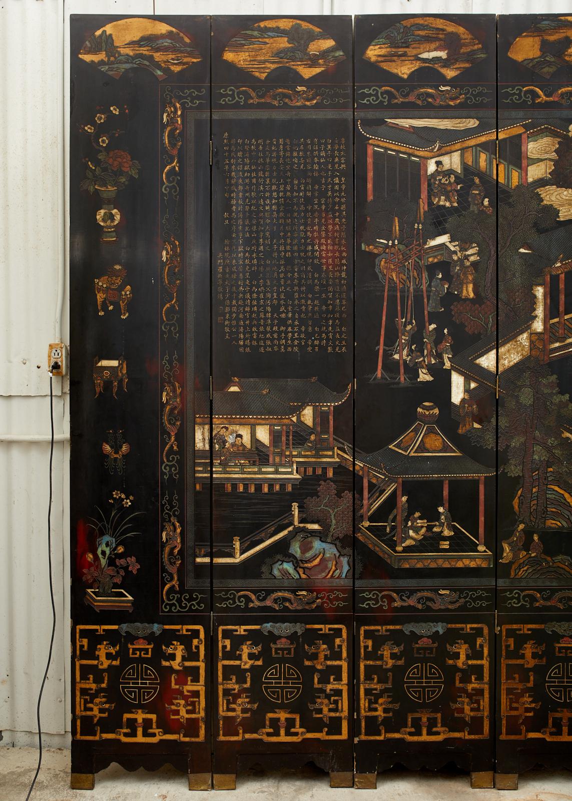 Chinesischer, zwölfteiliger, lackierter Coromandel-Raumteiler, Qing-Dynastie (Lackiert) im Angebot