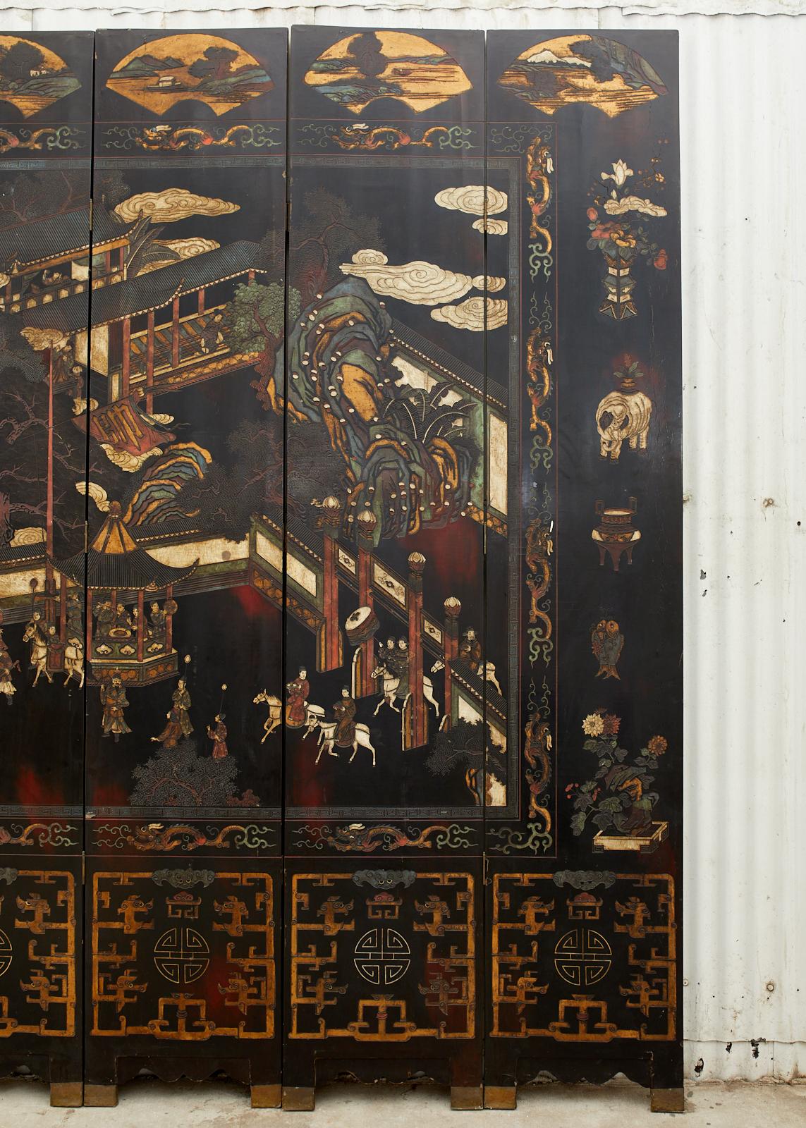 Chinesischer, zwölfteiliger, lackierter Coromandel-Raumteiler, Qing-Dynastie im Angebot 2