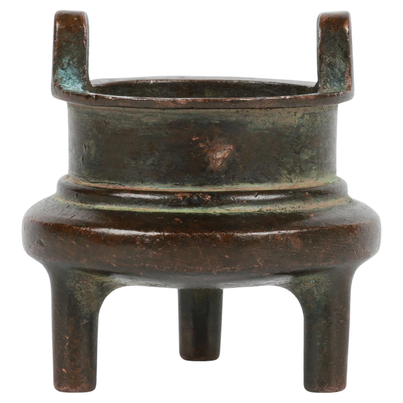 Chinese Qing Twin Handled Miniature Bronze Tripod Censer