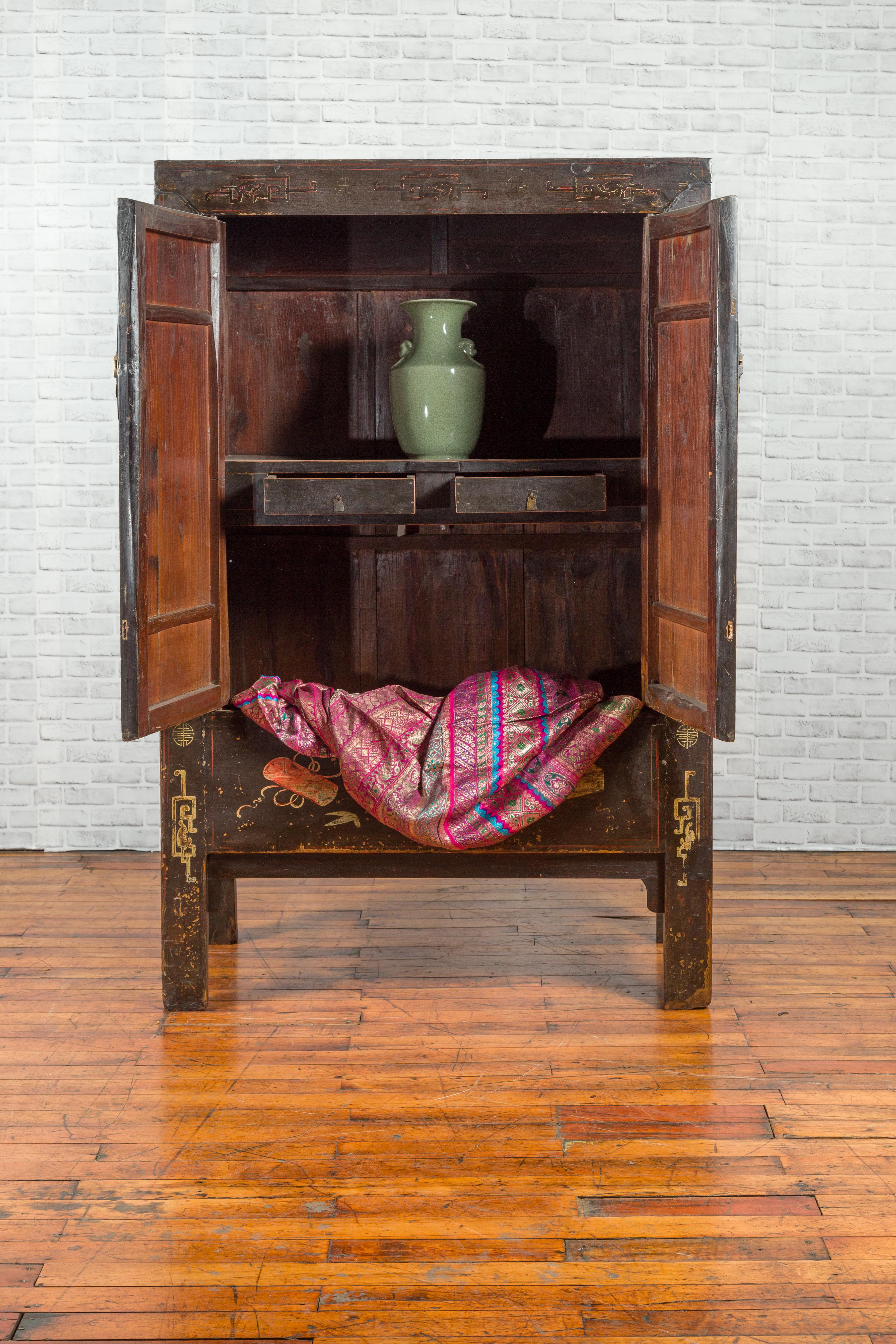 Chinese Qing Two-Door Cabinet with Hand-Painted Décor and Original Black Lacquer For Sale 5