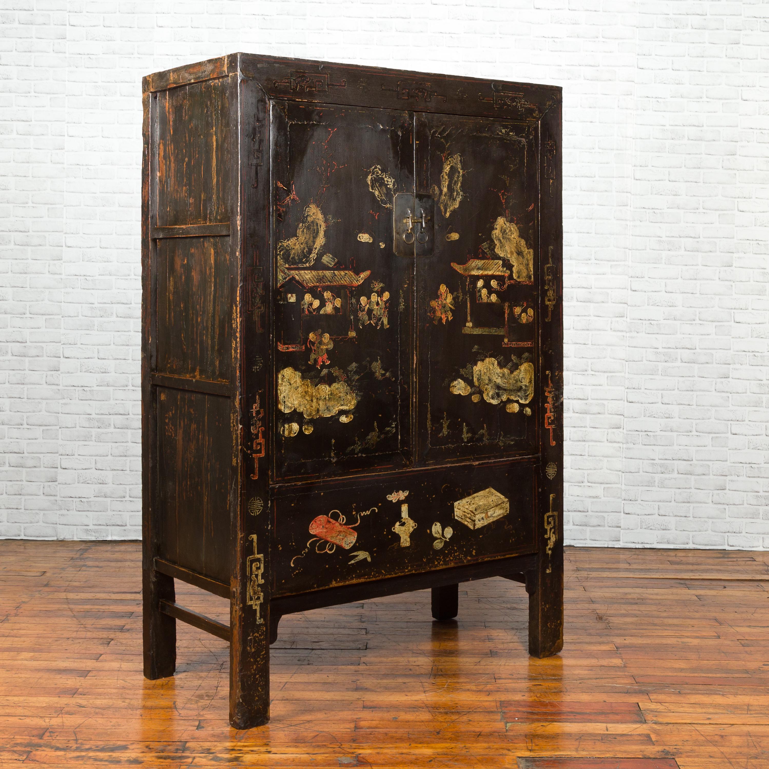 Qing Dynasty Two-Door Cabinet with Hand-Painted Décor and Original Black Lacquer For Sale 5