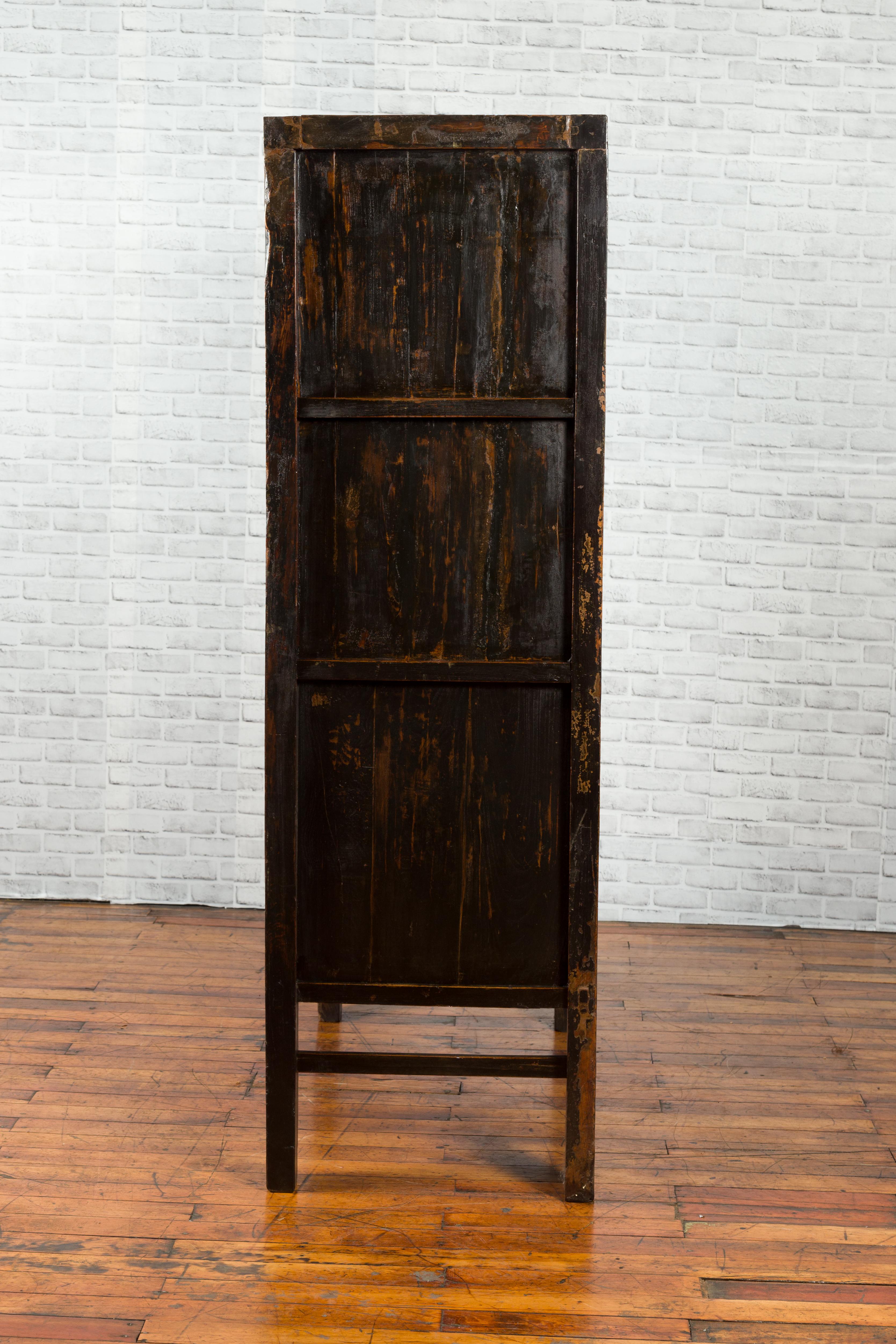 Chinese Qing Two-Door Cabinet with Hand-Painted Décor and Original Black Lacquer For Sale 7