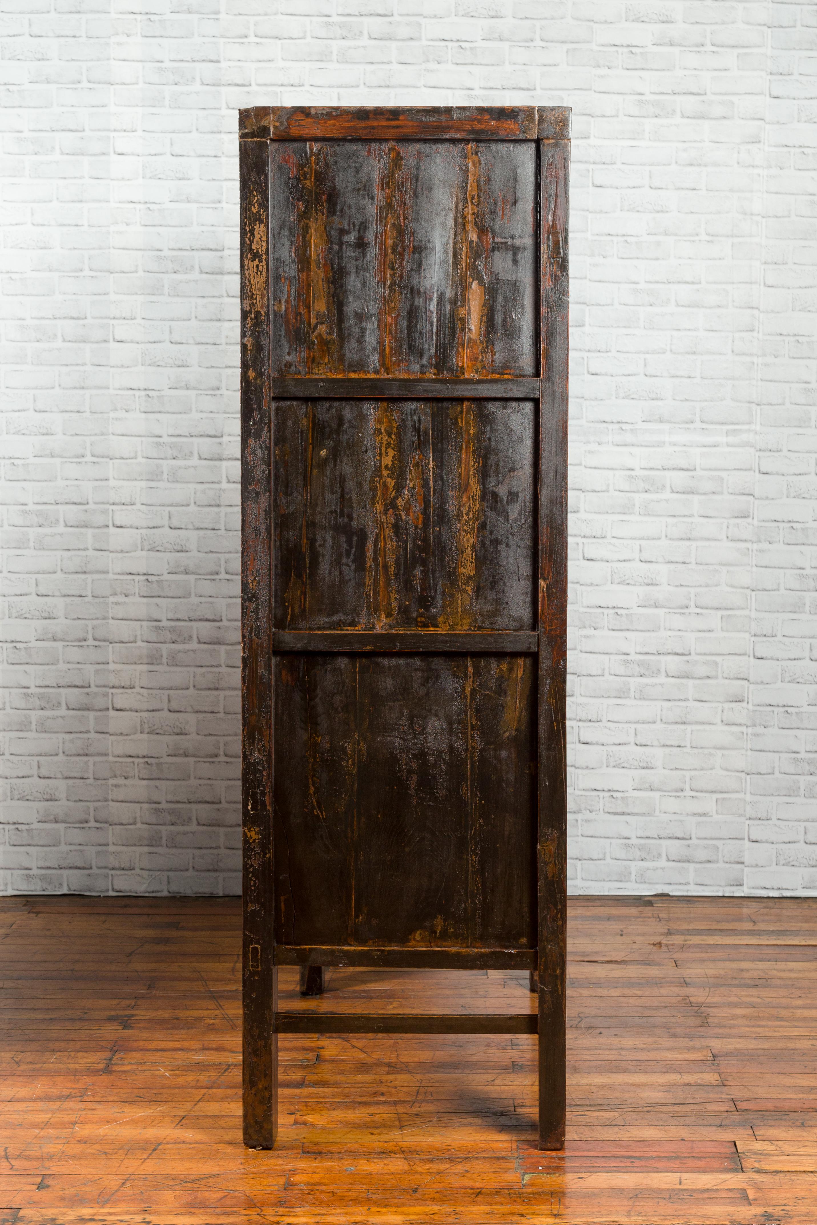 Chinese Qing Two-Door Cabinet with Hand-Painted Décor and Original Black Lacquer For Sale 9