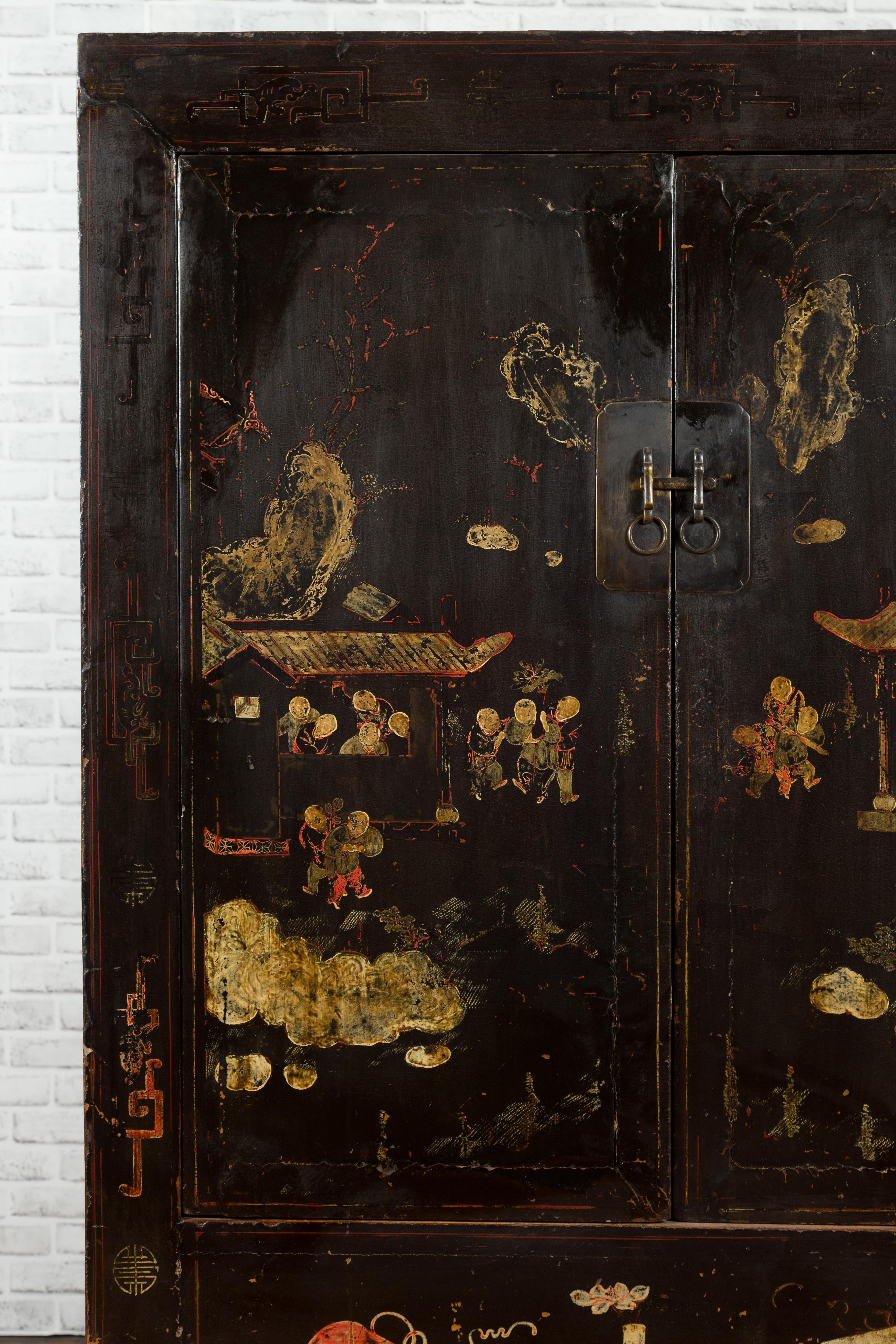 Lacquered Chinese Qing Two-Door Cabinet with Hand-Painted Décor and Original Black Lacquer For Sale